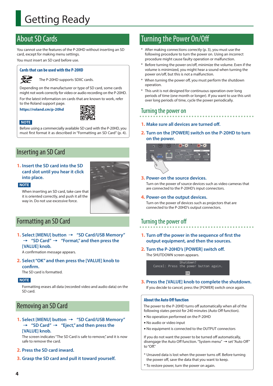 Getting ready, About sd cards, Inserting an sd card | Formatting an sd card, Removing an sd card, Turning the power on/off, Turning the power on, Turning the power off | Roland P-20HD Video Instant Replayer User Manual | Page 4 / 12