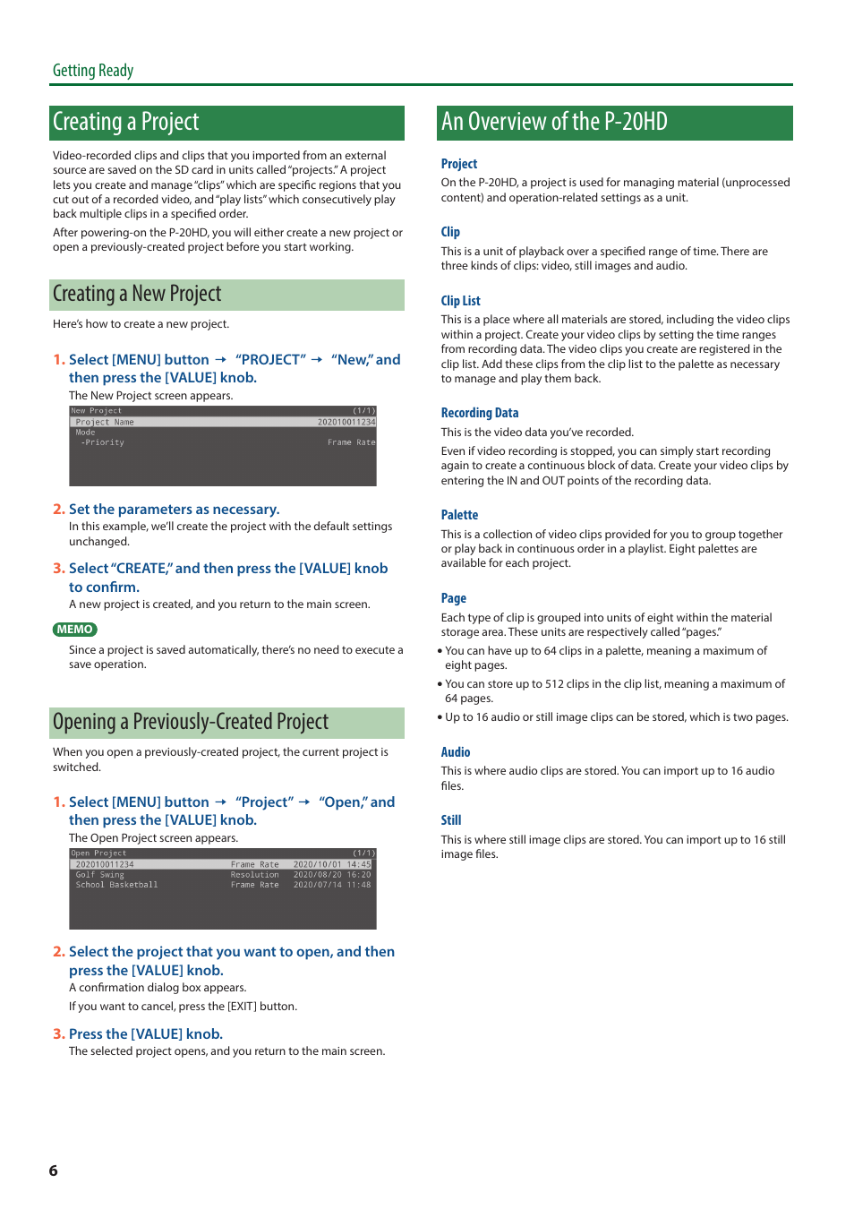 Creating a project, Creating a new project, Opening a previously-created project | An overview of the p-20hd, Getting ready | Roland P-20HD Video Instant Replayer User Manual | Page 6 / 12