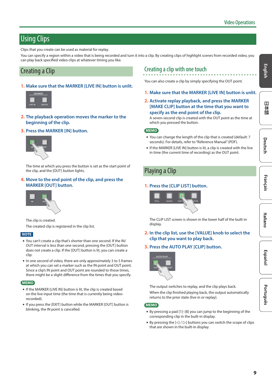 Creating a clip, Playing a clip, Using clips | Creating a clip with one touch, Video operations | Roland P-20HD Video Instant Replayer User Manual | Page 9 / 12