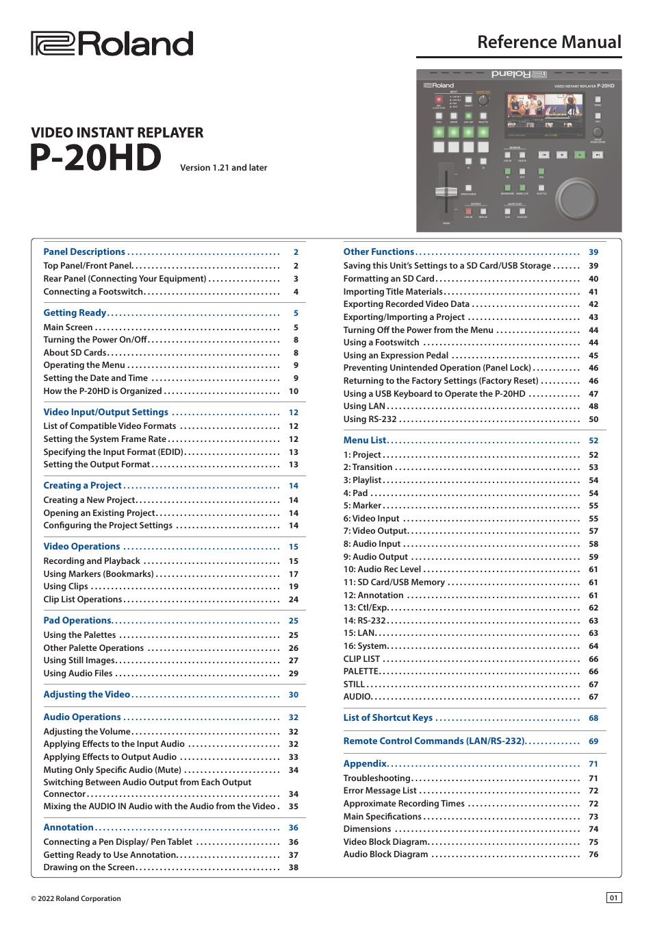 Roland P-20HD Video Instant Replayer User Manual | 76 pages