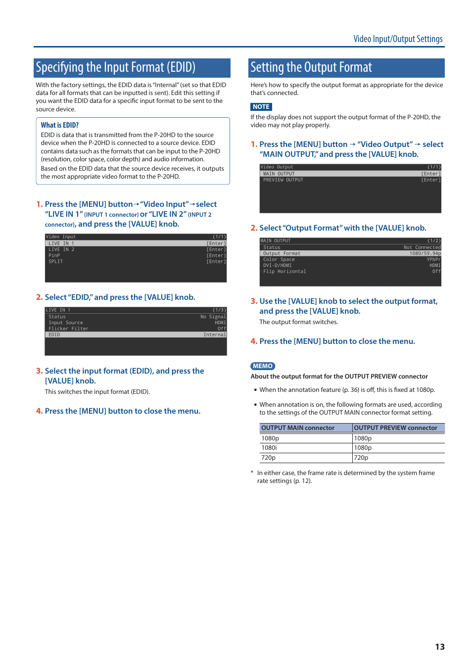 Specifying the input format (edid), Setting the output format, Video input/output settings | Roland P-20HD Video Instant Replayer User Manual | Page 13 / 76