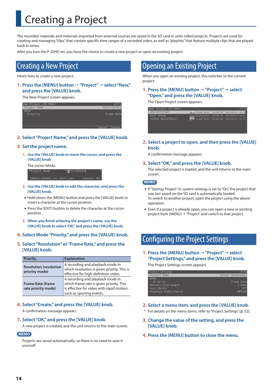 Creating a project, Creating a new project, Opening an existing project | Configuring the project settings | Roland P-20HD Video Instant Replayer User Manual | Page 14 / 76