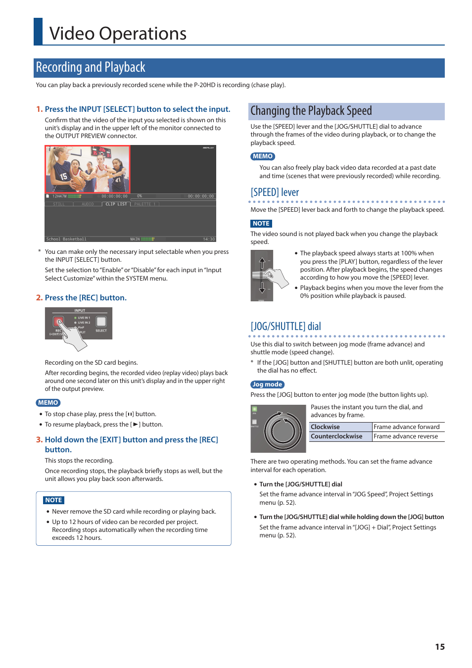 Video operations, Recording and playback, Changing the playback speed | Speed] lever, Jog/shuttle] dial | Roland P-20HD Video Instant Replayer User Manual | Page 15 / 76