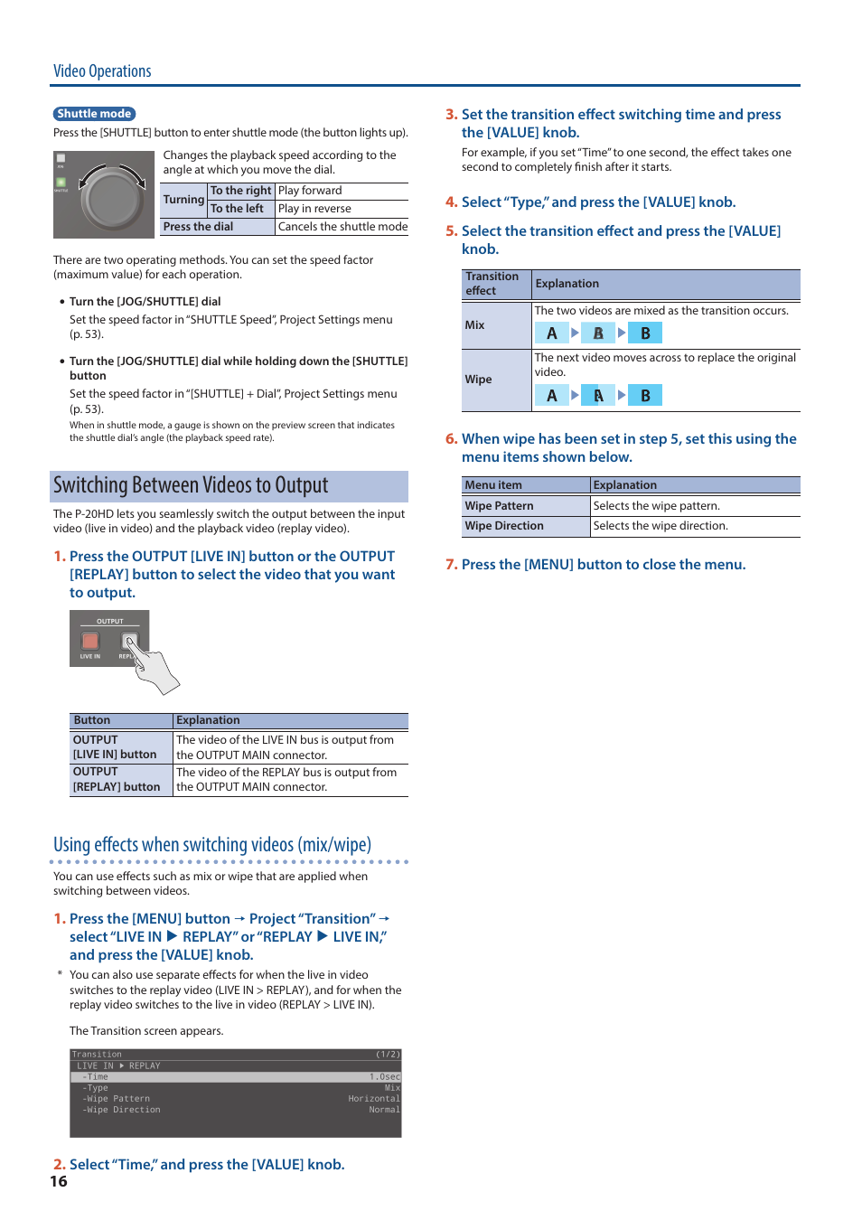 Switching between videos to output, Using effects when switching videos (mix/wipe), Video operations | Roland P-20HD Video Instant Replayer User Manual | Page 16 / 76