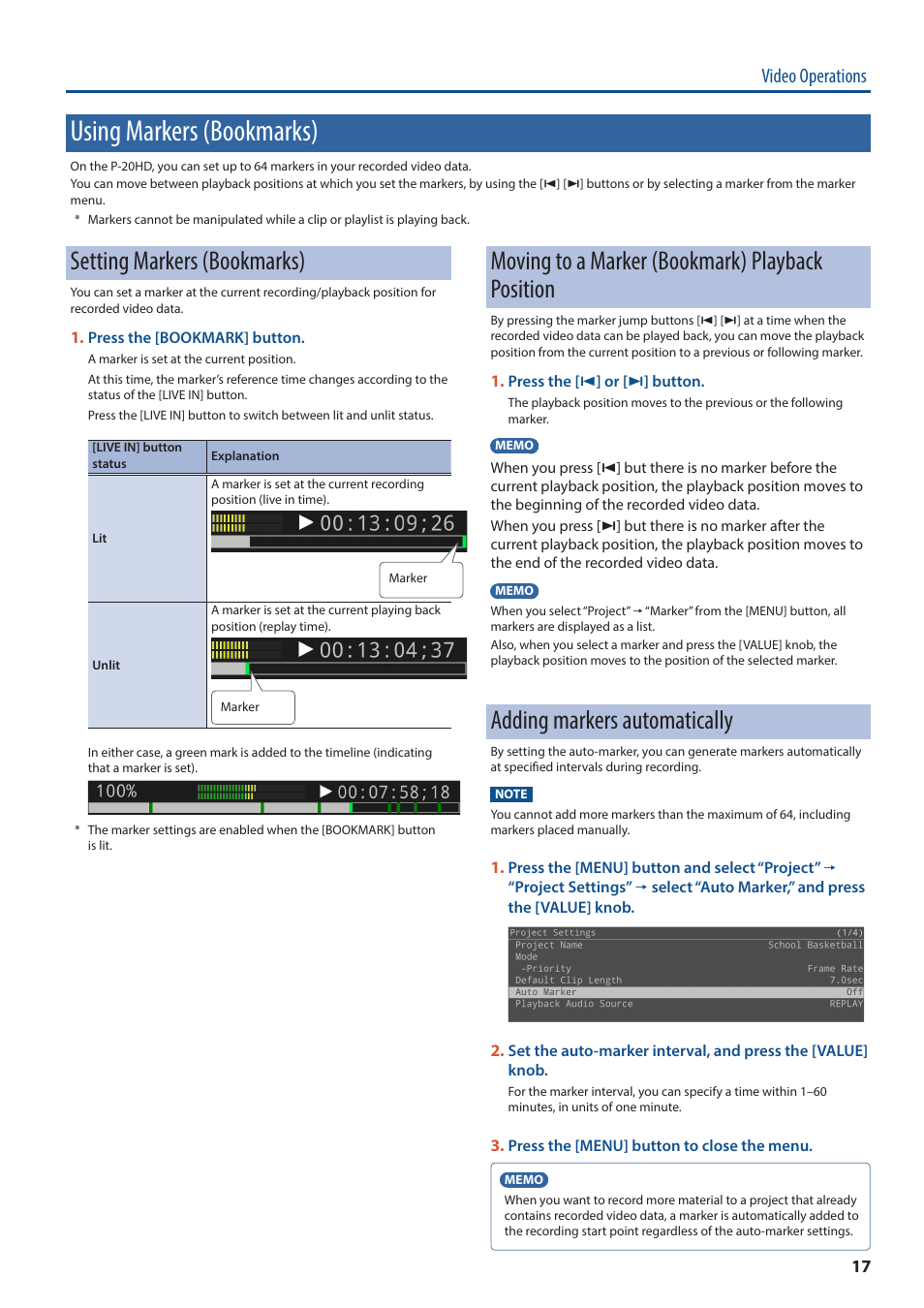 Using markers (bookmarks), Setting markers (bookmarks), Moving to a marker (bookmark) playback position | Adding markers automatically, Video operations | Roland P-20HD Video Instant Replayer User Manual | Page 17 / 76