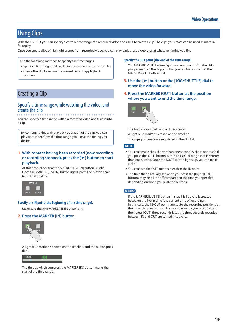 Using clips, Creating a clip, Video operations | Roland P-20HD Video Instant Replayer User Manual | Page 19 / 76