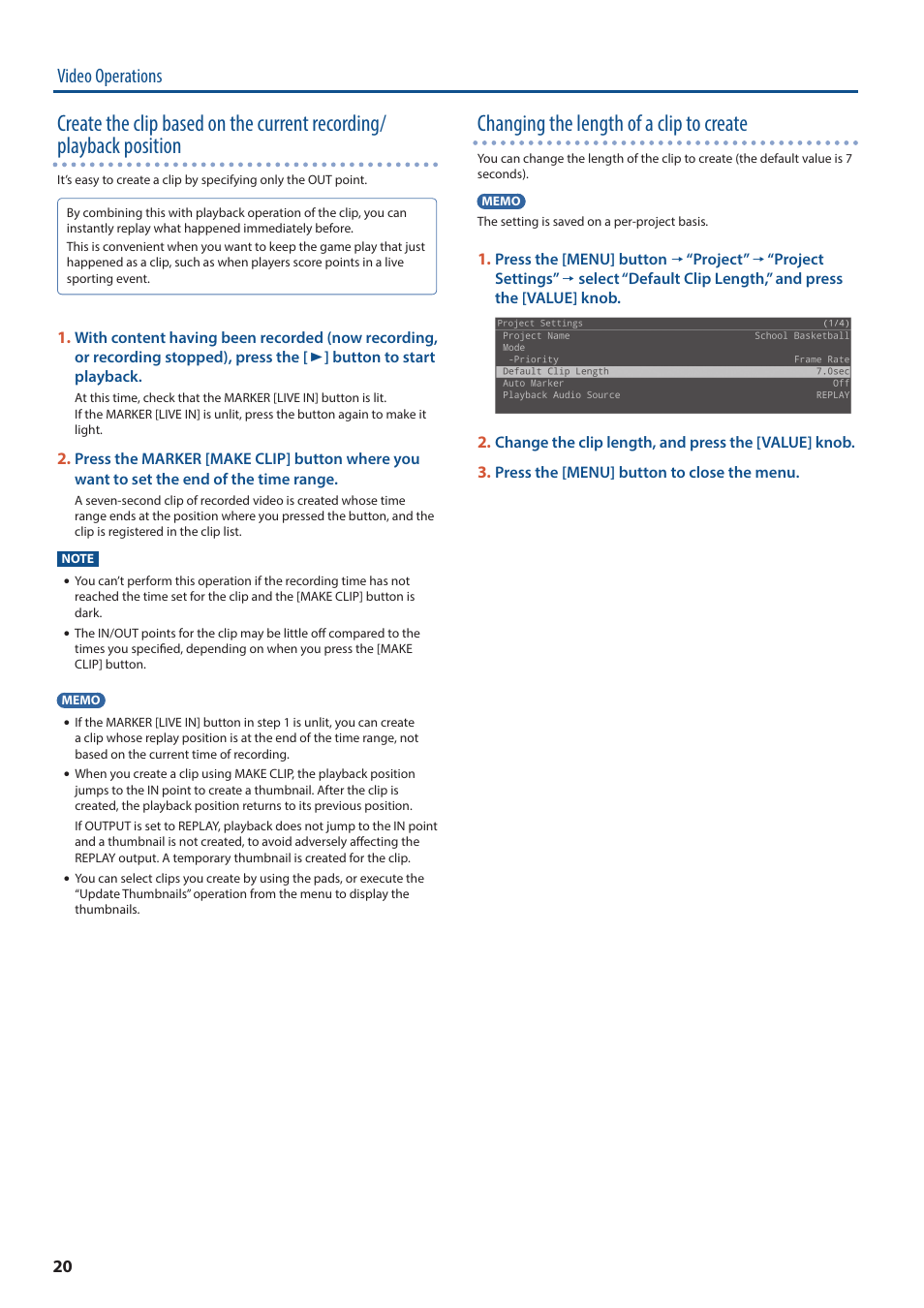 Changing the length of a clip to create, Video operations | Roland P-20HD Video Instant Replayer User Manual | Page 20 / 76