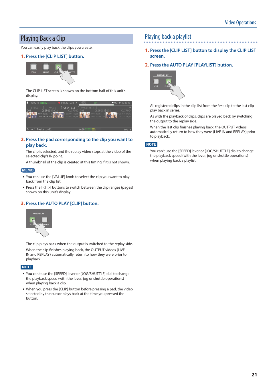 Playing back a clip, Playing back a playlist, Video operations | Roland P-20HD Video Instant Replayer User Manual | Page 21 / 76