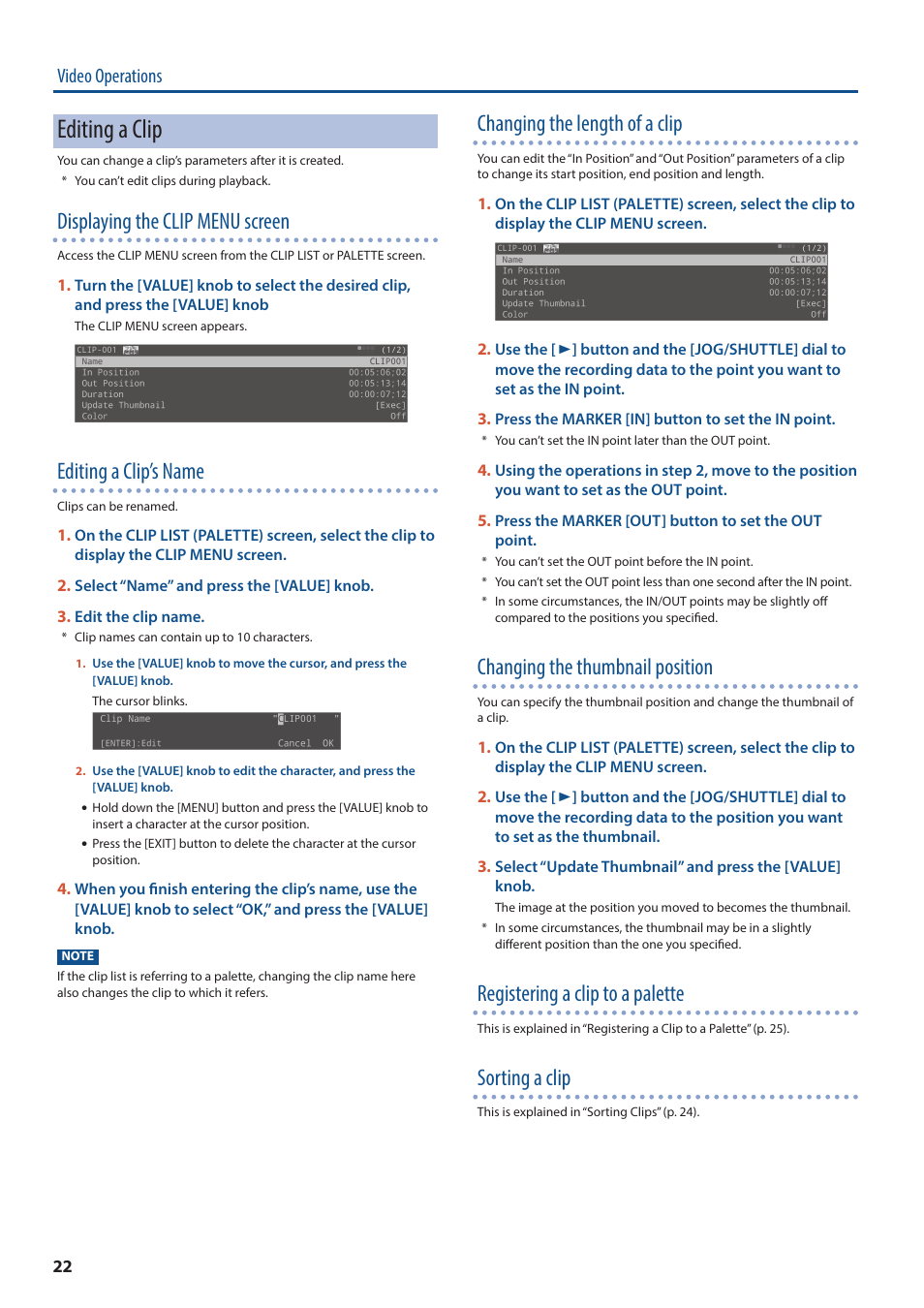 Editing a clip, Displaying the clip menu screen, Editing a clip’s name | Changing the length of a clip, Changing the thumbnail position, Registering a clip to a palette, Sorting a clip, Video operations | Roland P-20HD Video Instant Replayer User Manual | Page 22 / 76