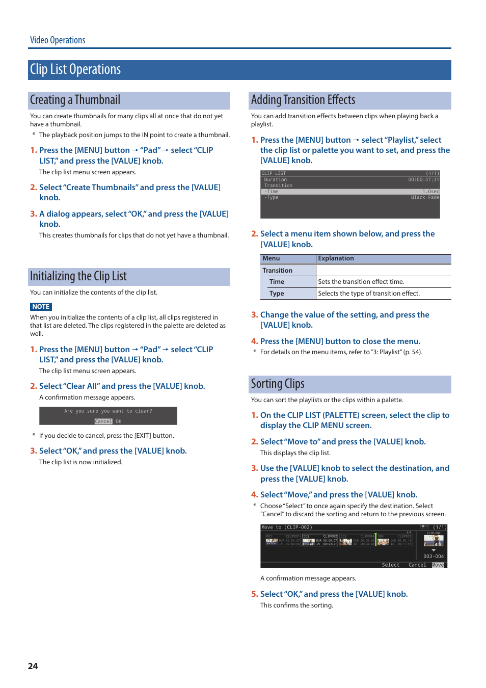 Clip list operations, Creating a thumbnail, Initializing the clip list | Adding transition effects, Sorting clips, Video operations | Roland P-20HD Video Instant Replayer User Manual | Page 24 / 76