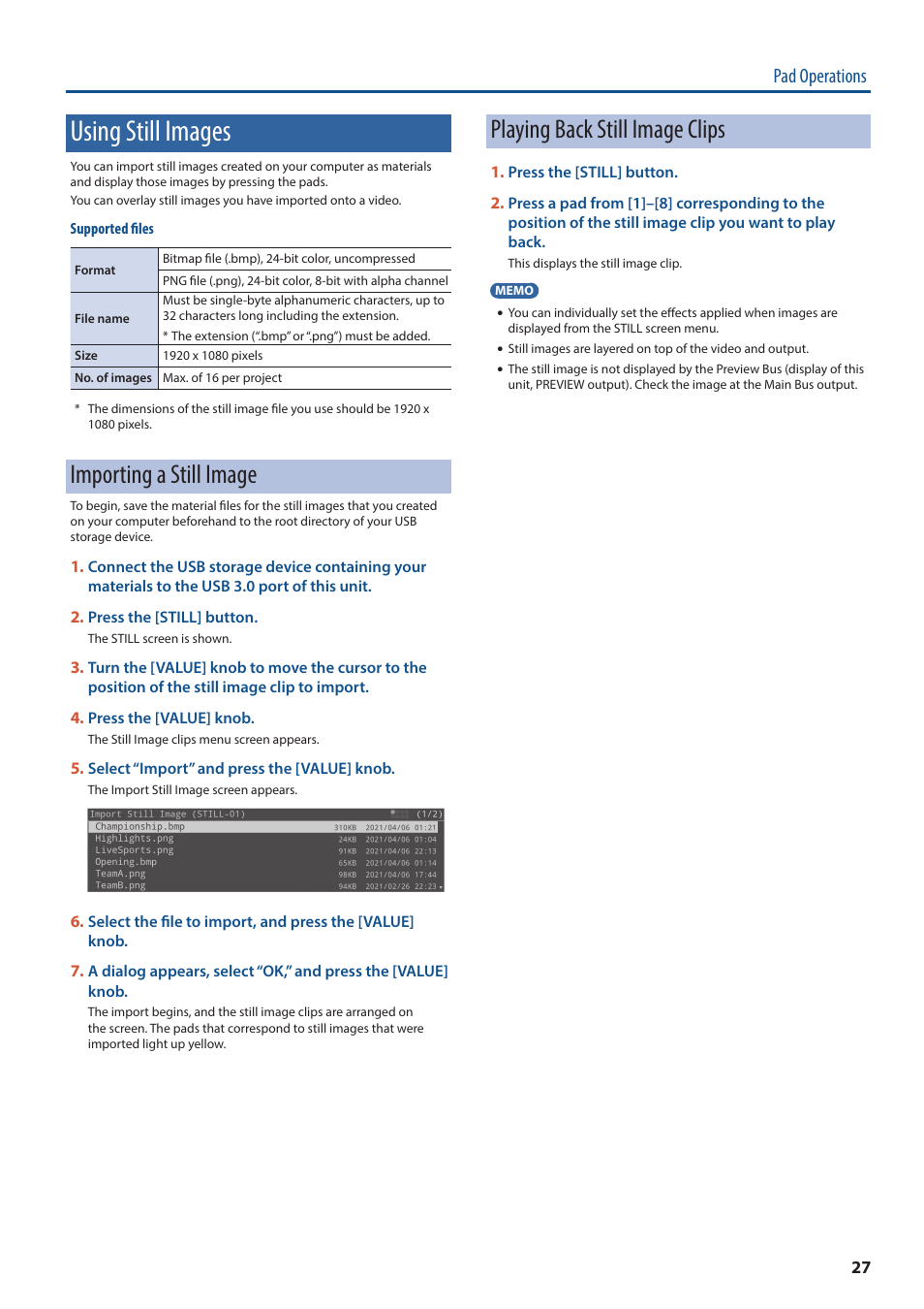 Using still images, Importing a still image, Playing back still image clips | Pad operations | Roland P-20HD Video Instant Replayer User Manual | Page 27 / 76