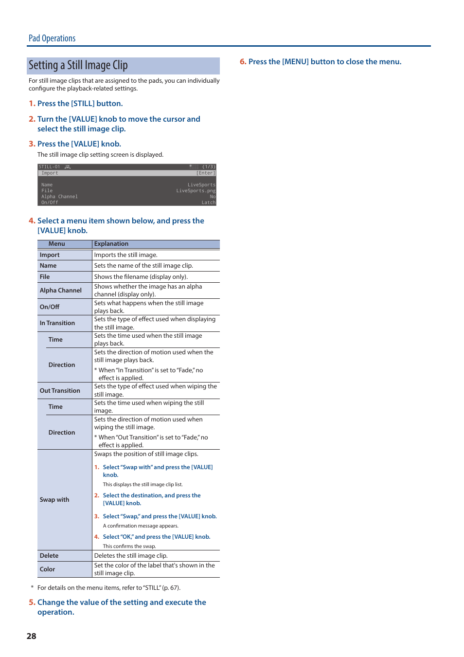 Setting a still image clip, Pad operations | Roland P-20HD Video Instant Replayer User Manual | Page 28 / 76