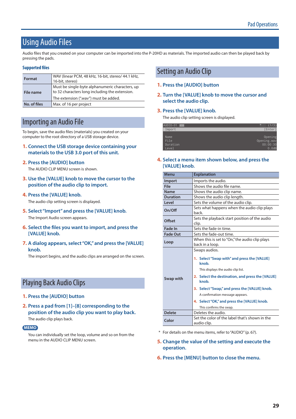 Using audio files, Importing an audio file, Playing back audio clips | Setting an audio clip, Pad operations | Roland P-20HD Video Instant Replayer User Manual | Page 29 / 76