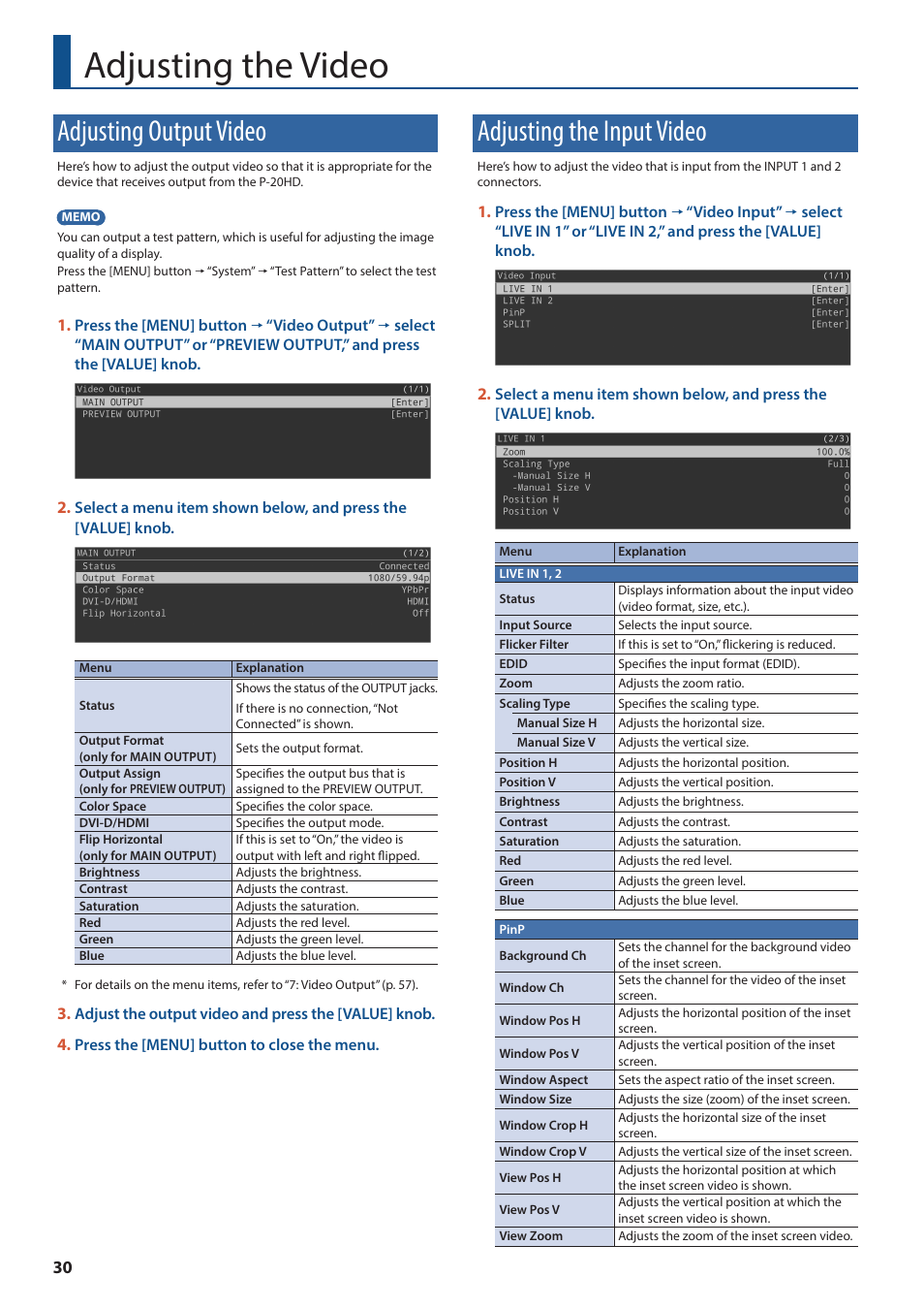 Adjusting the video, Adjusting output video, Adjusting the input video | Roland P-20HD Video Instant Replayer User Manual | Page 30 / 76