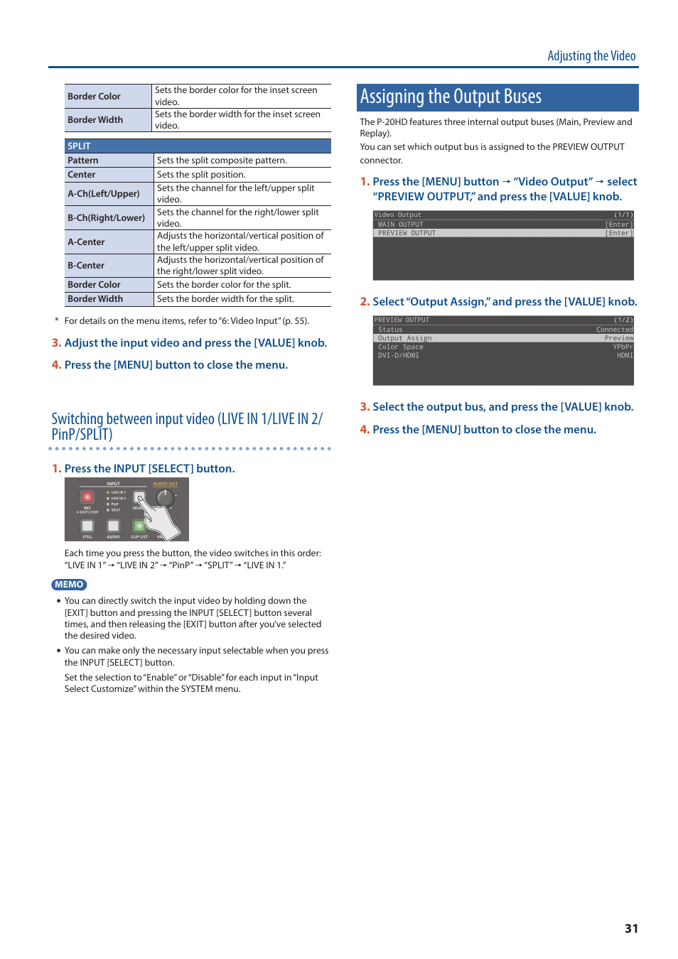 Assigning the output buses, Adjusting the video | Roland P-20HD Video Instant Replayer User Manual | Page 31 / 76