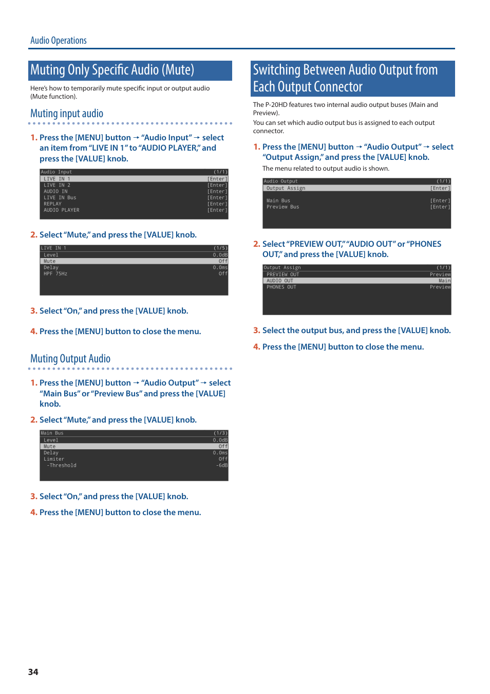 Muting only specific audio (mute), Switching between audio output from each output, Connector | Muting input audio, Muting output audio | Roland P-20HD Video Instant Replayer User Manual | Page 34 / 76