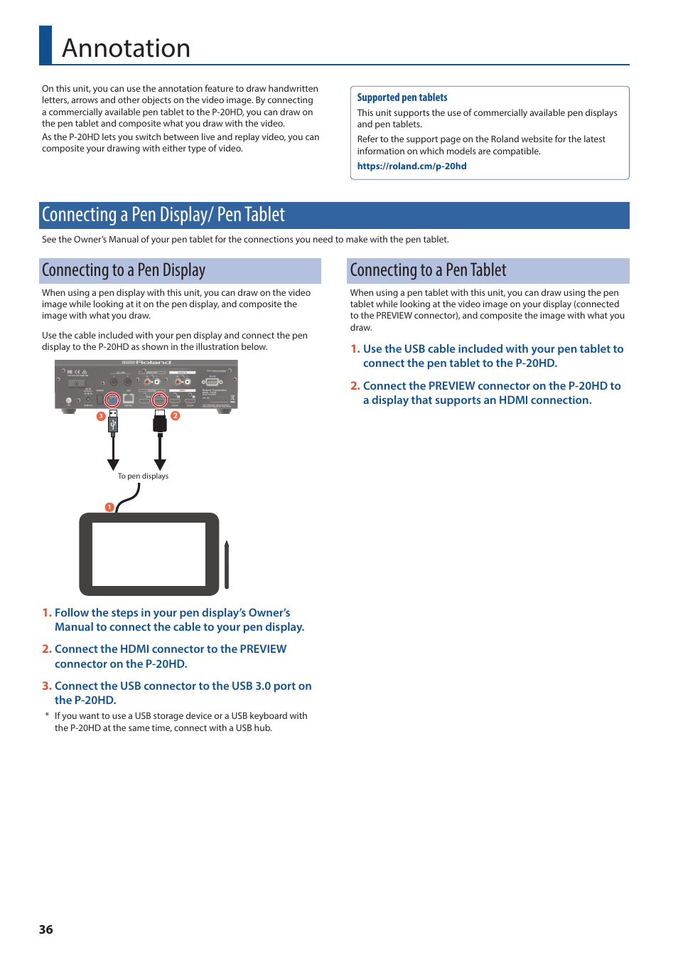 Annotation, Connecting a pen display/ pen tablet, Connecting to a pen display | Connecting to a pen tablet | Roland P-20HD Video Instant Replayer User Manual | Page 36 / 76