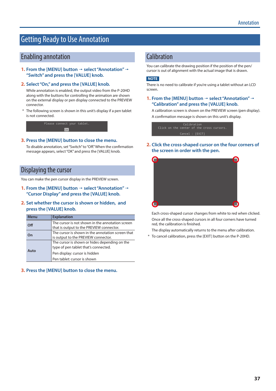 Getting ready to use annotation, Enabling annotation, Displaying the cursor | Calibration, Annotation | Roland P-20HD Video Instant Replayer User Manual | Page 37 / 76