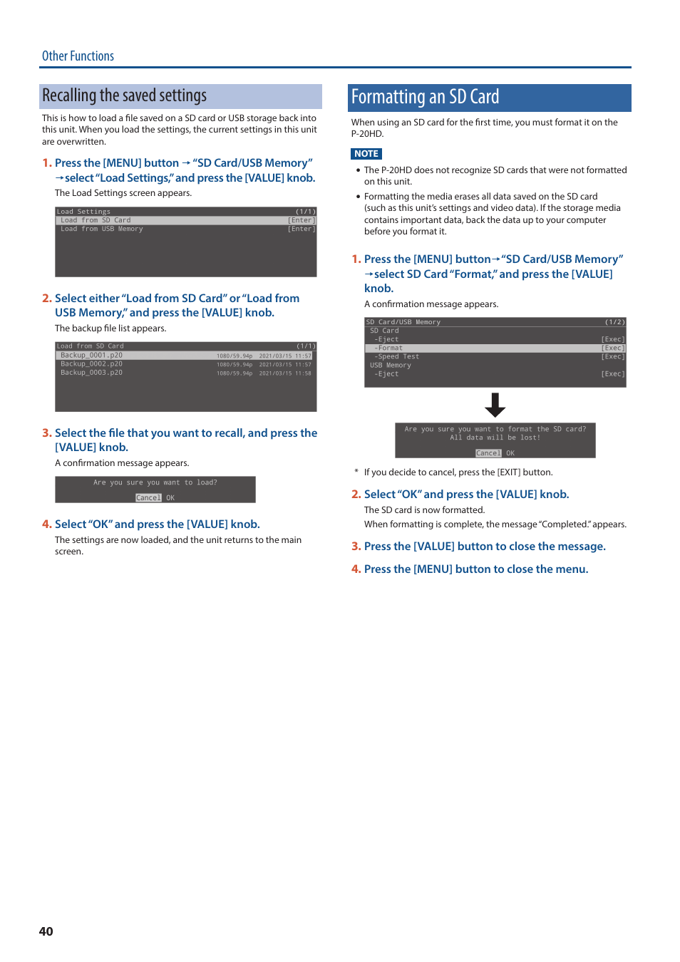 Formatting an sd card, Recalling the saved settings, Other functions | Roland P-20HD Video Instant Replayer User Manual | Page 40 / 76