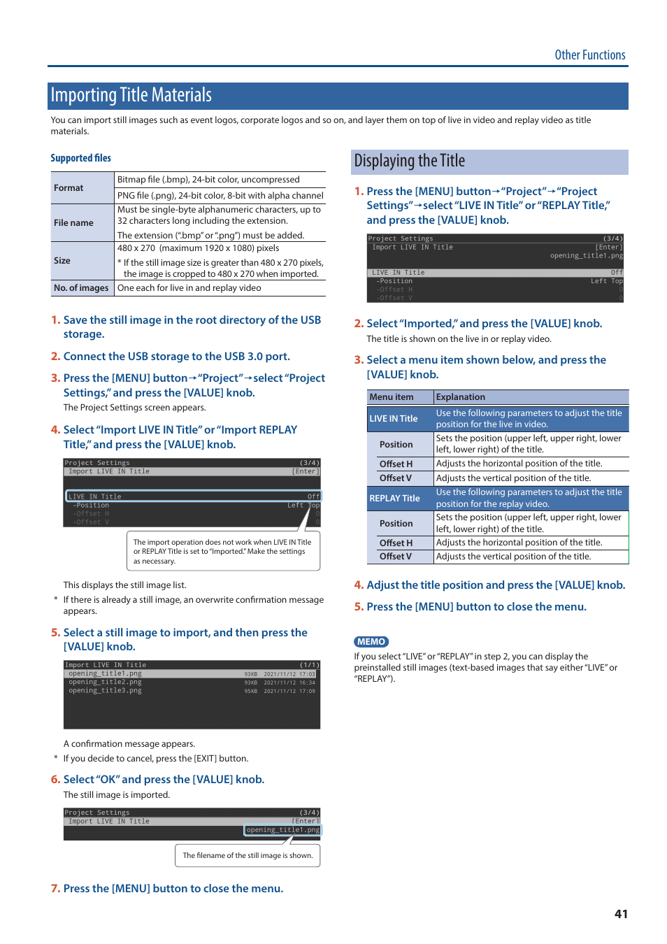 Importing title materials, Displaying the title, Other functions | Roland P-20HD Video Instant Replayer User Manual | Page 41 / 76