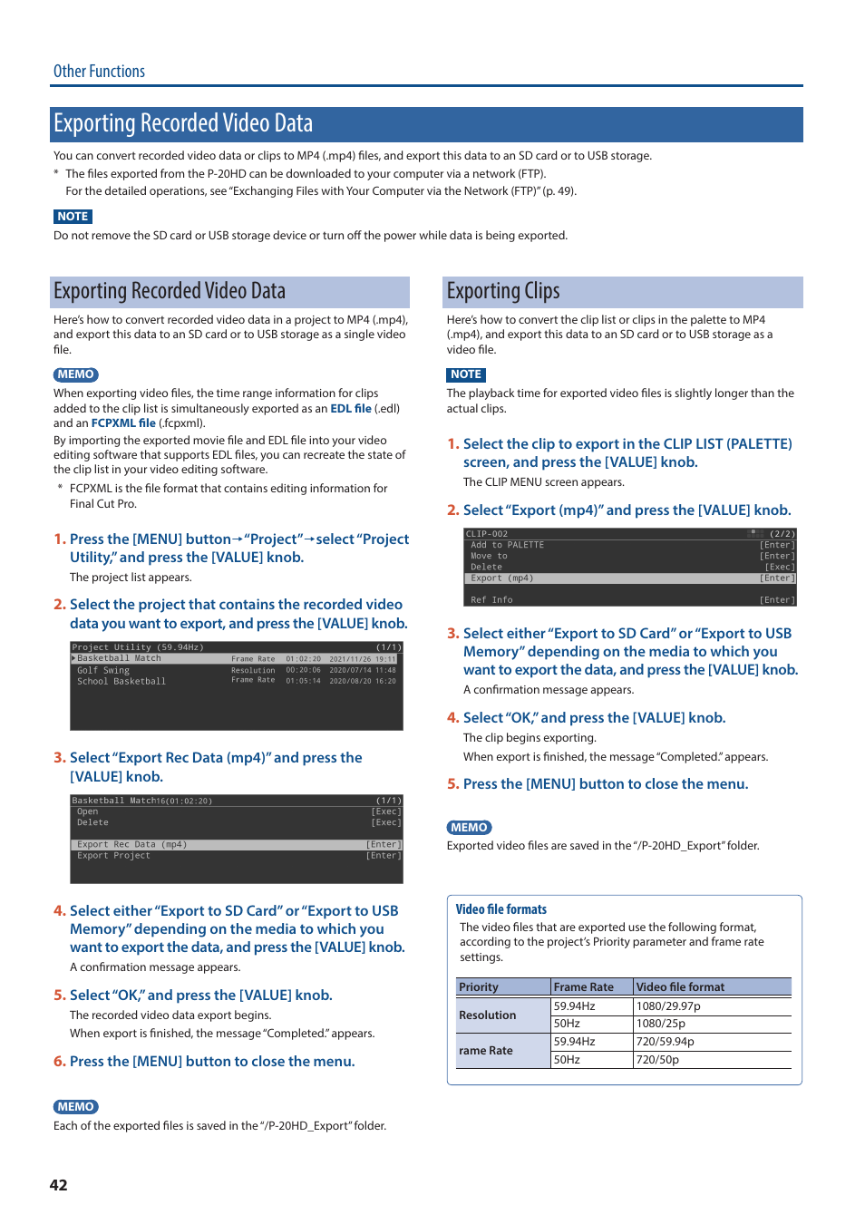 Exporting recorded video data, Exporting clips, Other functions | Roland P-20HD Video Instant Replayer User Manual | Page 42 / 76