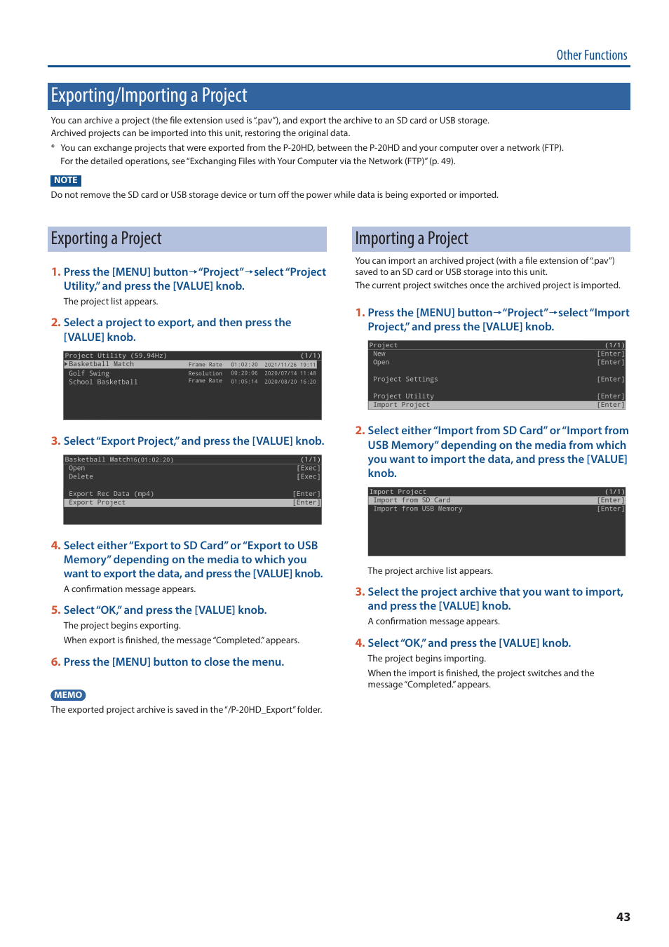 Exporting/importing a project, Exporting a project, Importing a project | Other functions | Roland P-20HD Video Instant Replayer User Manual | Page 43 / 76