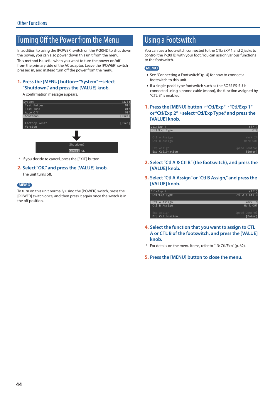 Turning off the power from the menu, Using a footswitch, Other functions | Roland P-20HD Video Instant Replayer User Manual | Page 44 / 76