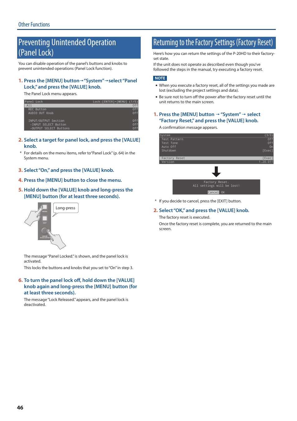 Preventing unintended operation (panel lock), Returning to the factory settings (factory reset), Other functions | Roland P-20HD Video Instant Replayer User Manual | Page 46 / 76