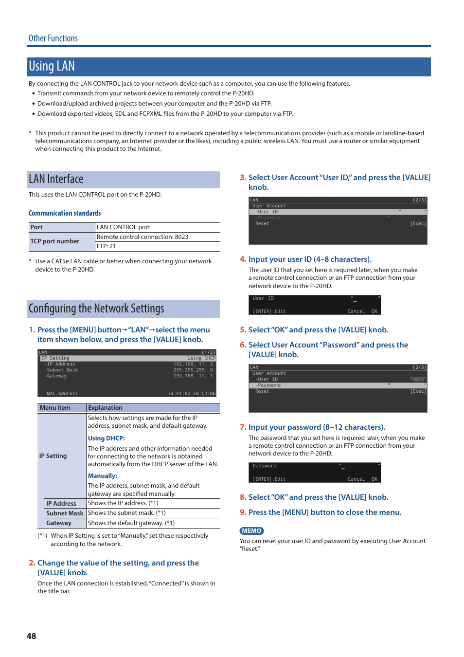 Using lan, Lan interface, Configuring the network settings | Other functions | Roland P-20HD Video Instant Replayer User Manual | Page 48 / 76