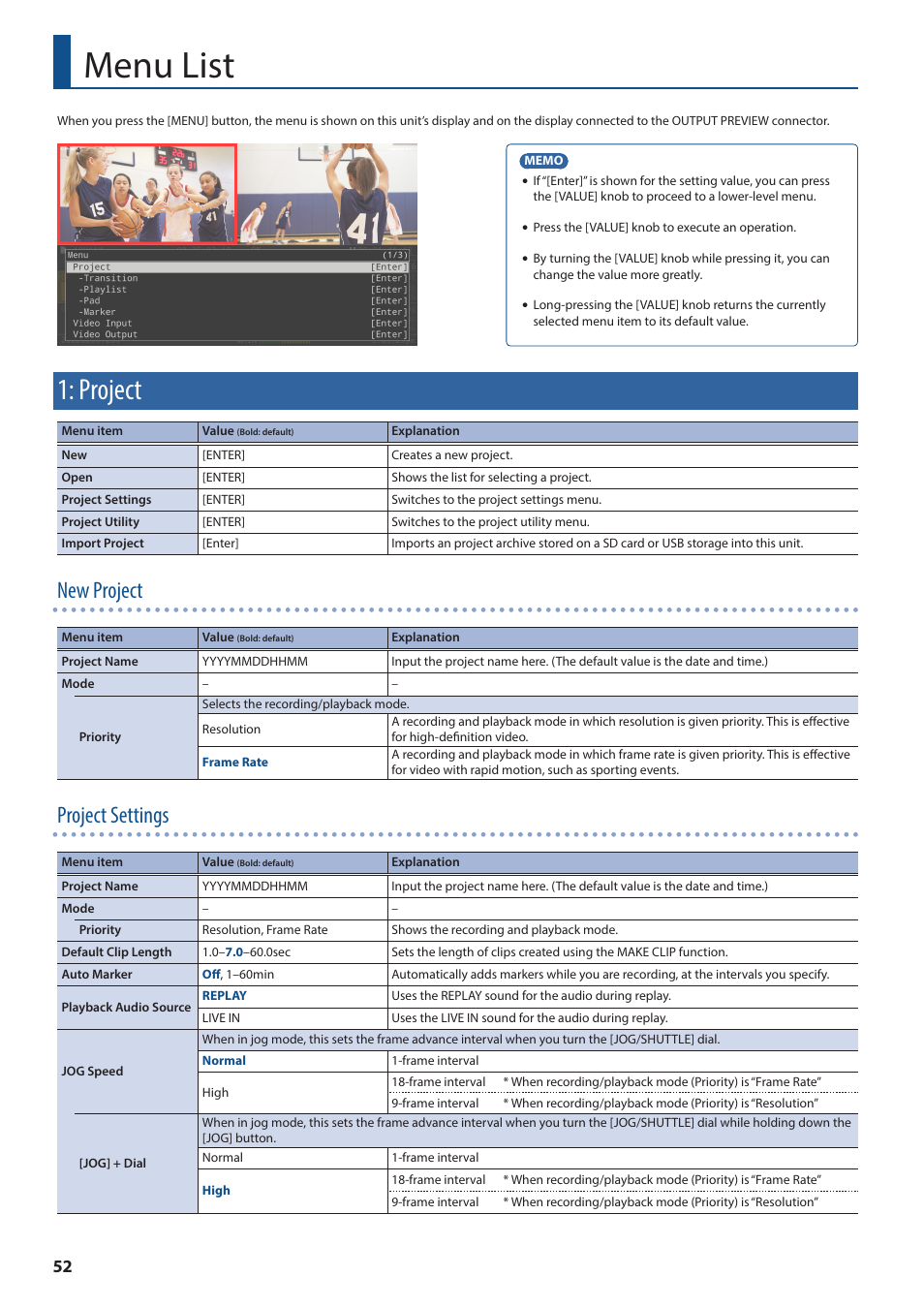 Menu list, Project, New project | Project settings | Roland P-20HD Video Instant Replayer User Manual | Page 52 / 76