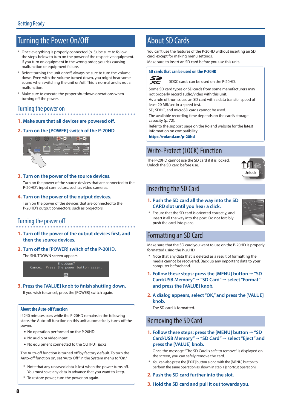 Turning the power on/off, About sd cards, Write-protect (lock) function | Inserting the sd card, Formatting an sd card, Removing the sd card, Turning the power on, Turning the power off, Getting ready | Roland P-20HD Video Instant Replayer User Manual | Page 8 / 76