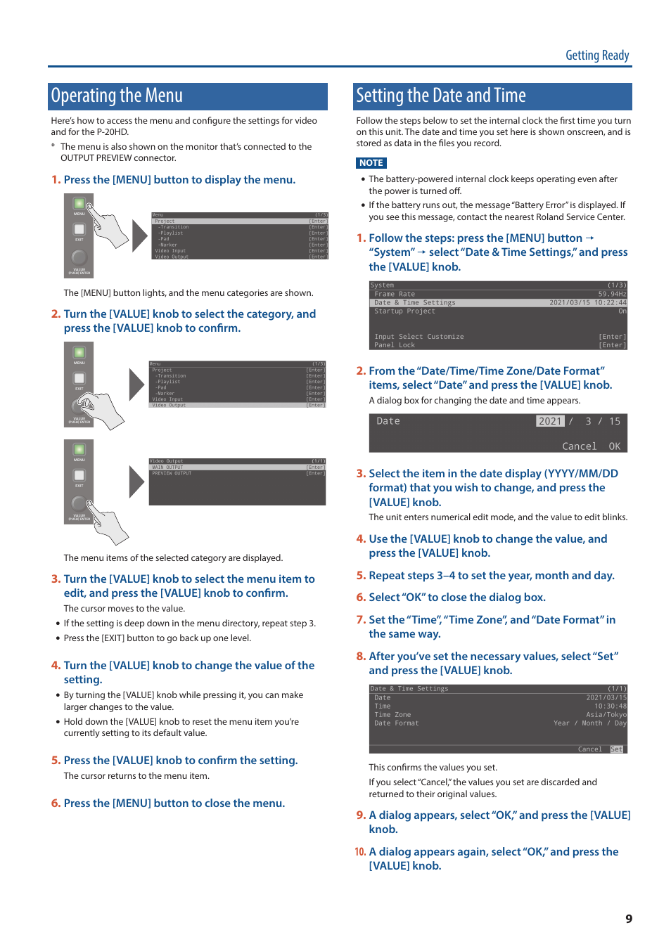 Operating the menu, Setting the date and time, Getting ready | Roland P-20HD Video Instant Replayer User Manual | Page 9 / 76