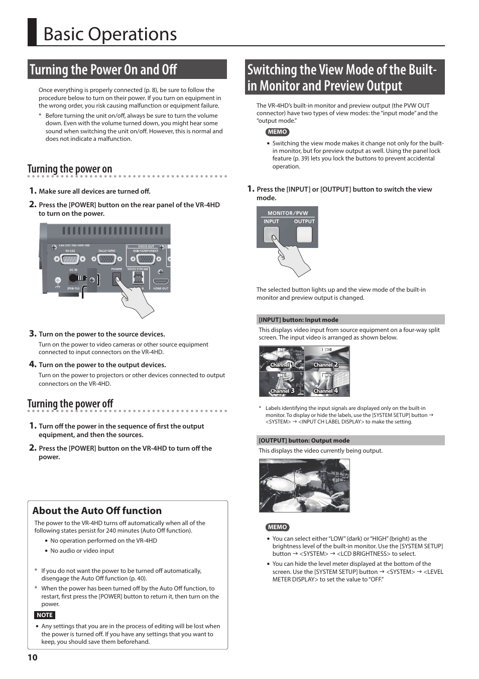 Basic operations, Turning the power on and off, And preview output | P. 10, Main output video (p. 10, Er on and off (p. 10), Turning the power on, Turning the power off, About the auto off function | Roland VR-4HD HD AV Mixer User Manual | Page 10 / 52