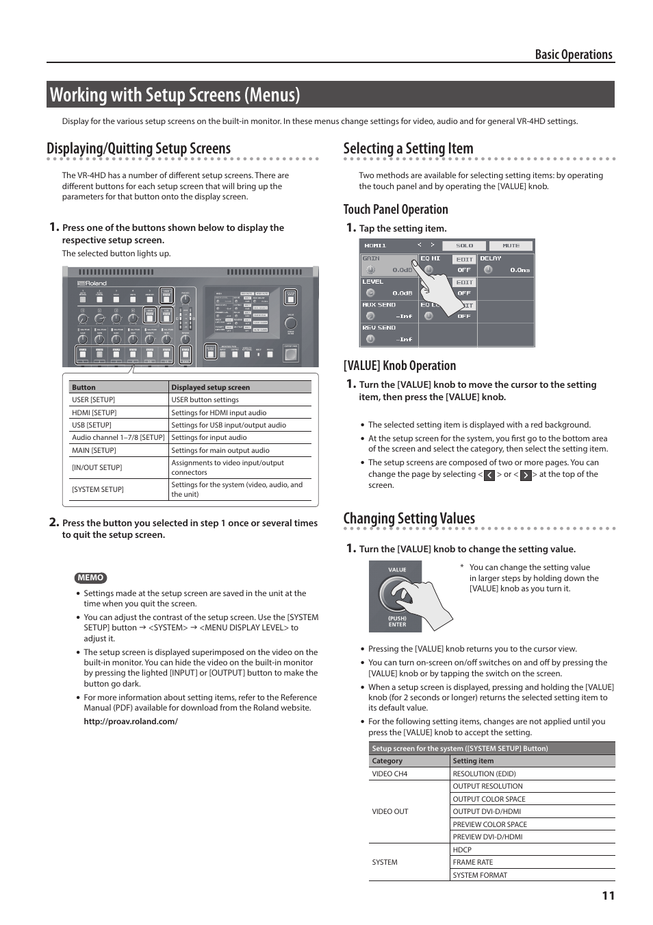 Working with setup screens (menus), P. 11, Displaying/quitting setup screens | Selecting a setting item, Changing setting values, Basic operations, Touch panel operation, Value] knob operation | Roland VR-4HD HD AV Mixer User Manual | Page 11 / 52