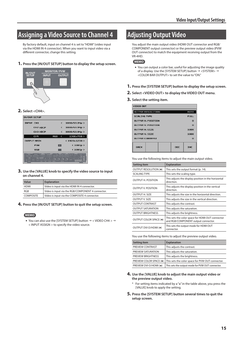 Assigning a video source to channel 4, Adjusting output video, P. 15 | Or (p. 15), Video input/output settings | Roland VR-4HD HD AV Mixer User Manual | Page 15 / 52