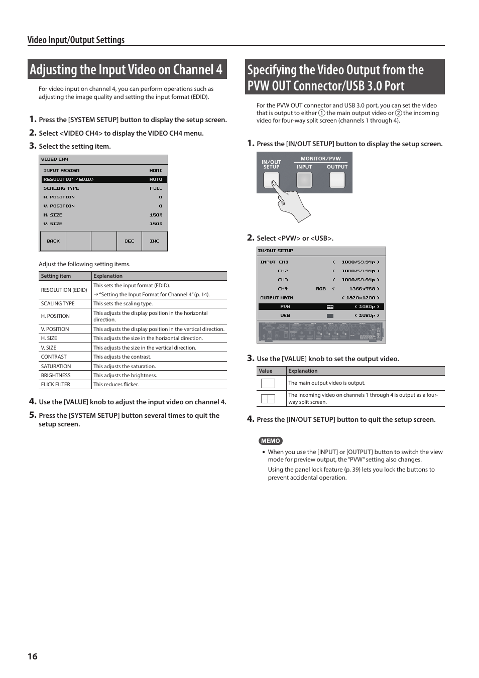 Adjusting the input video on channel 4, The pvw out connector/usb 3.0 port, P. 16 | 16). y, Video input/output settings | Roland VR-4HD HD AV Mixer User Manual | Page 16 / 52