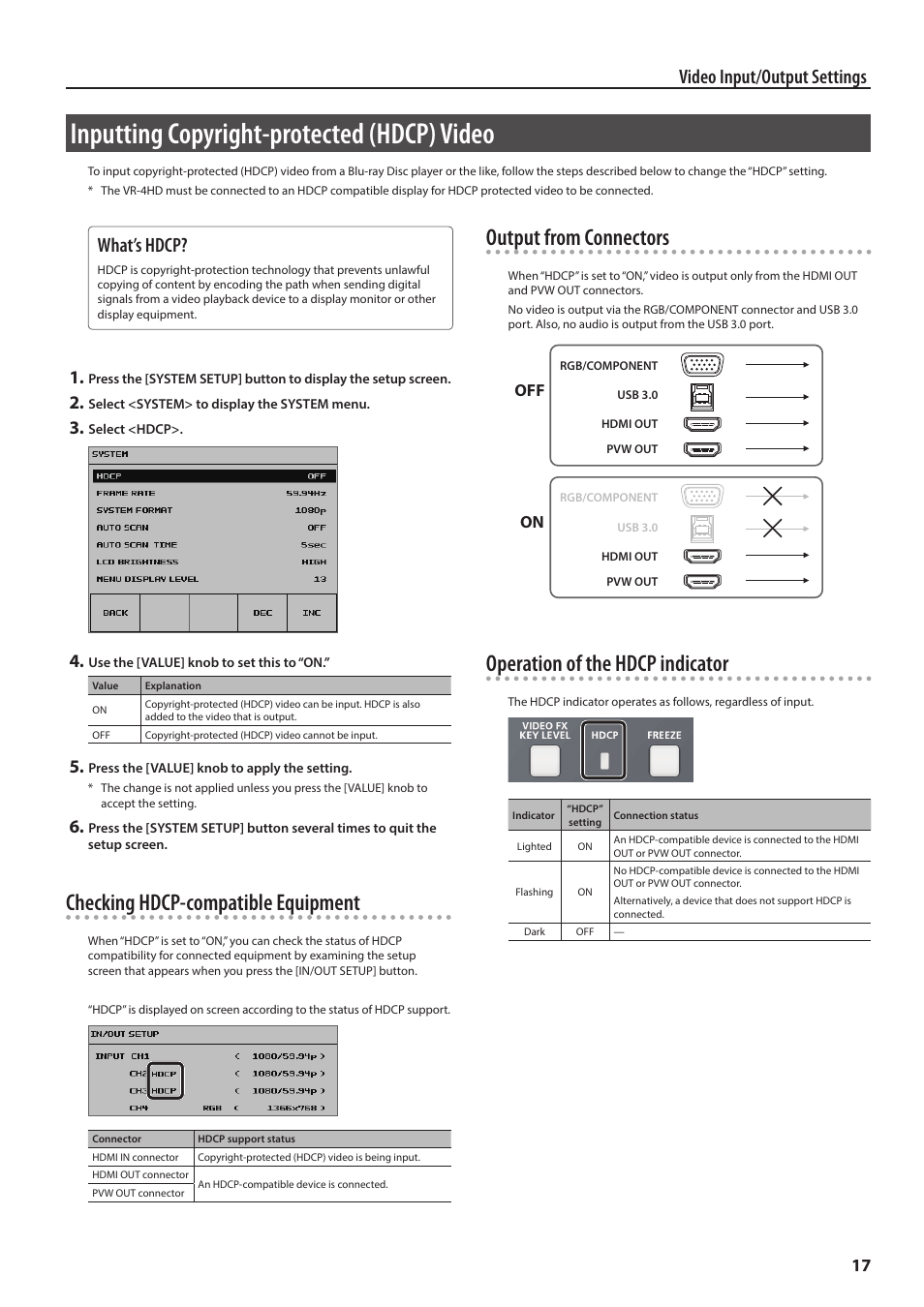 Inputting copyright-protected (hdcp) video, P. 17, Checking hdcp-compatible equipment | Output from connectors, Operation of the hdcp indicator, Video input/output settings, What’s hdcp | Roland VR-4HD HD AV Mixer User Manual | Page 17 / 52