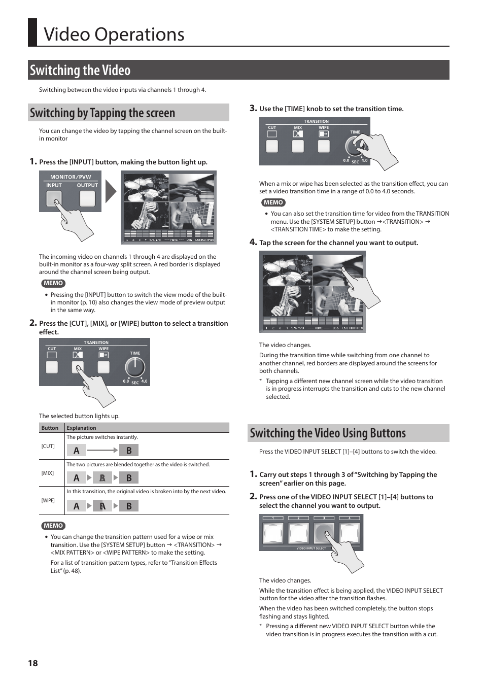 Video operations, Switching the video, Switching by tapping the screen | Switching the video using buttons, P. 18 | Roland VR-4HD HD AV Mixer User Manual | Page 18 / 52