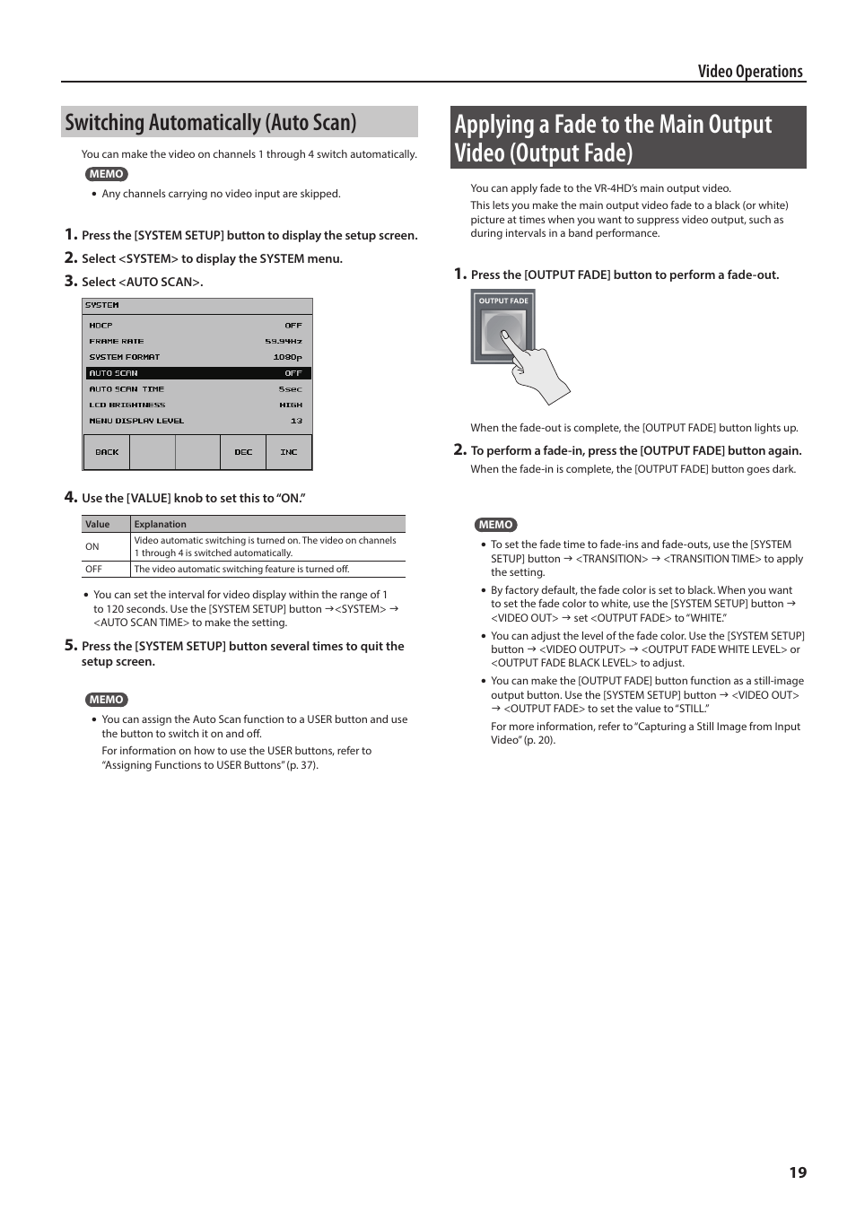 Switching automatically (auto scan), P. 19, Video operations | Roland VR-4HD HD AV Mixer User Manual | Page 19 / 52