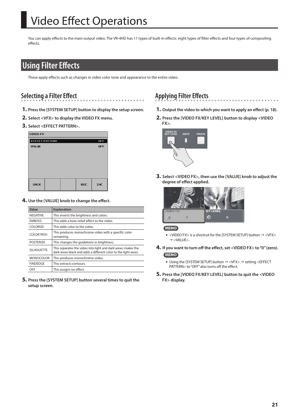 Video effect operations, Using filter effects, P. 21 | Selecting a filter effect, Applying filter effects | Roland VR-4HD HD AV Mixer User Manual | Page 21 / 52