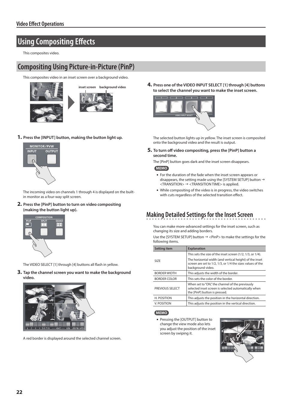 Using compositing effects, Compositing using picture-in-picture (pinp), P. 22 | Making detailed settings for the inset screen, Video effect operations | Roland VR-4HD HD AV Mixer User Manual | Page 22 / 52