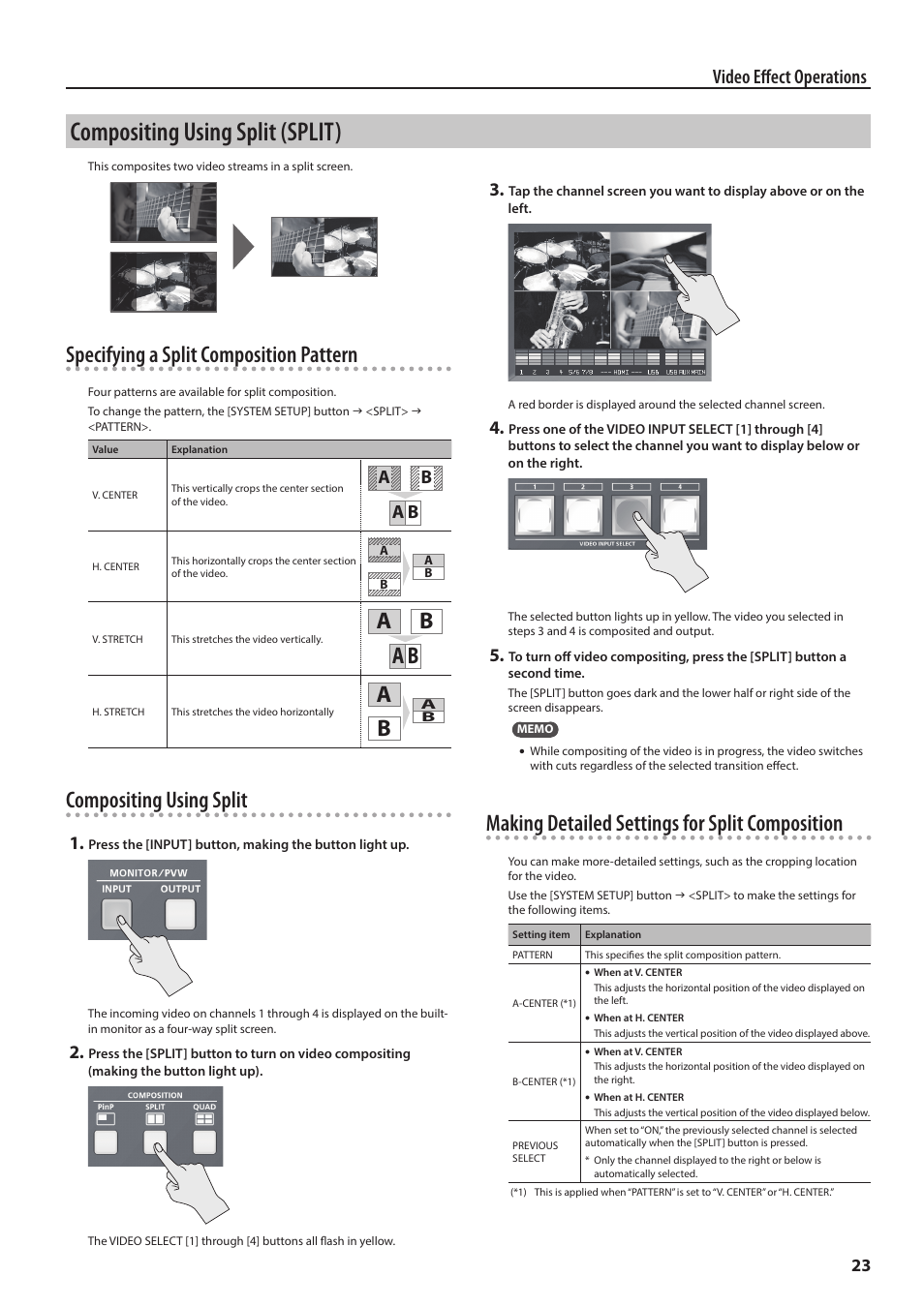 Compositing using split (split), P. 23, Specifying a split composition pattern | Compositing using split, Making detailed settings for split composition, Video effect operations, Ab a b | Roland VR-4HD HD AV Mixer User Manual | Page 23 / 52