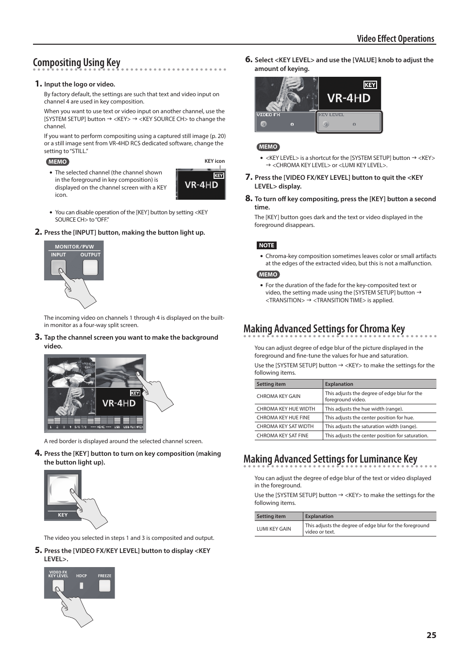 Compositing using key, Making advanced settings for chroma key, Making advanced settings for luminance key | Video effect operations | Roland VR-4HD HD AV Mixer User Manual | Page 25 / 52