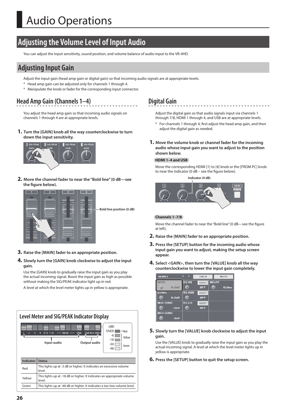 Audio operations, Adjusting the volume level of input audio, Adjusting input gain | P. 26, Head amp gain (channels 1–4), Digital gain, Level meter and sig/peak indicator display | Roland VR-4HD HD AV Mixer User Manual | Page 26 / 52