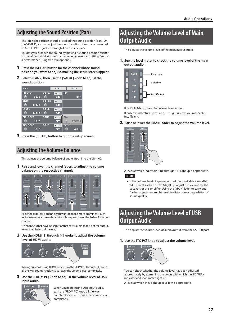 Adjusting the sound position (pan), Adjusting the volume balance, Adjusting the volume level of main output audio | Adjusting the volume level of usb output audio, P. 27, Audio operations | Roland VR-4HD HD AV Mixer User Manual | Page 27 / 52