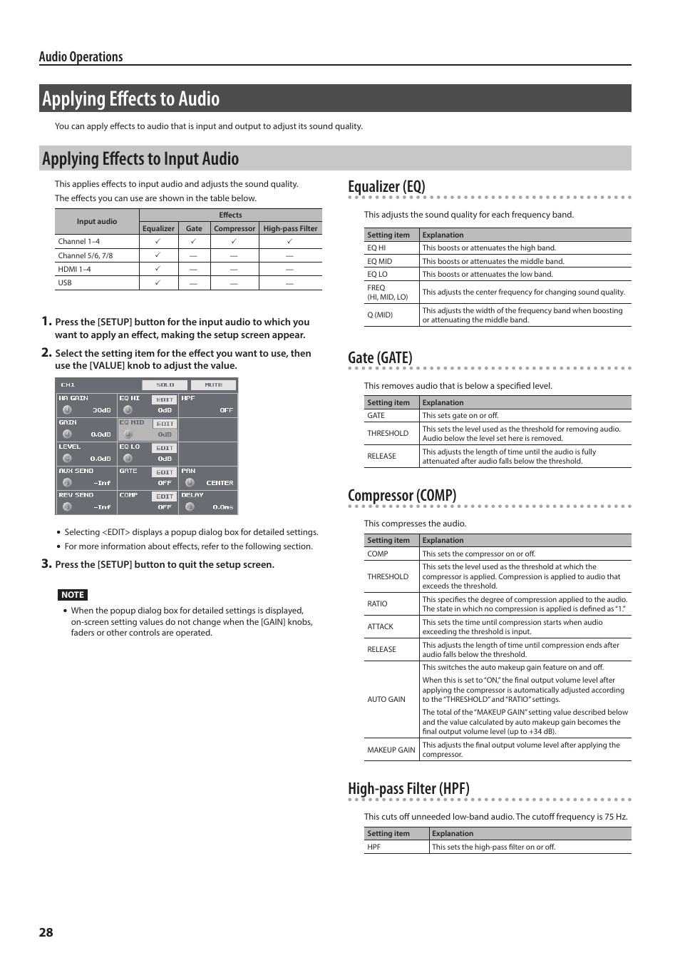 Applying effects to audio, Applying effects to input audio, Equalizer (eq) | Gate (gate), Compressor (comp), High-pass filter (hpf), Audio operations | Roland VR-4HD HD AV Mixer User Manual | Page 28 / 52