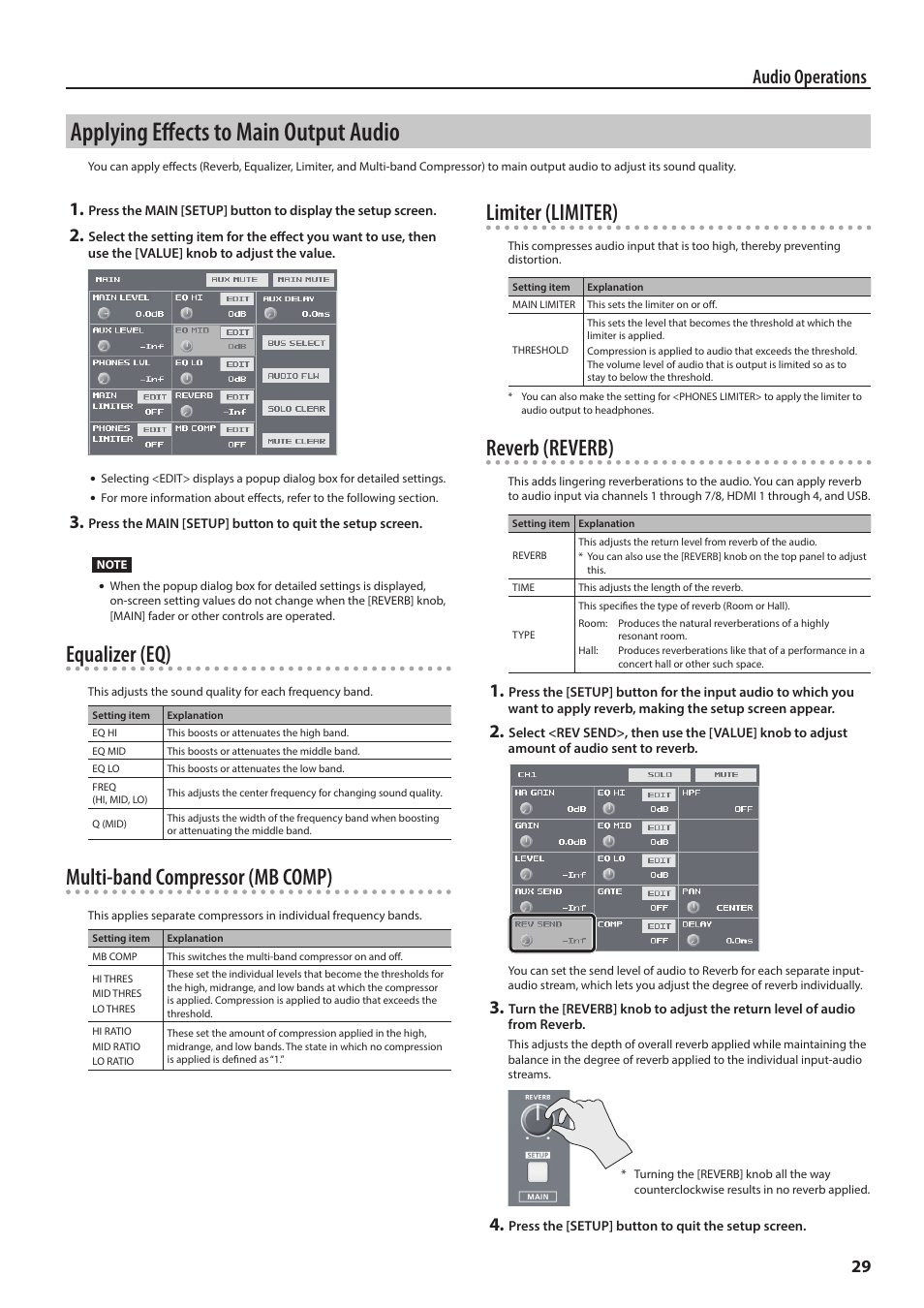 Applying effects to main output audio, P. 29, Equalizer (eq) | Multi-band compressor (mb comp), Limiter (limiter), Reverb (reverb), Audio operations | Roland VR-4HD HD AV Mixer User Manual | Page 29 / 52