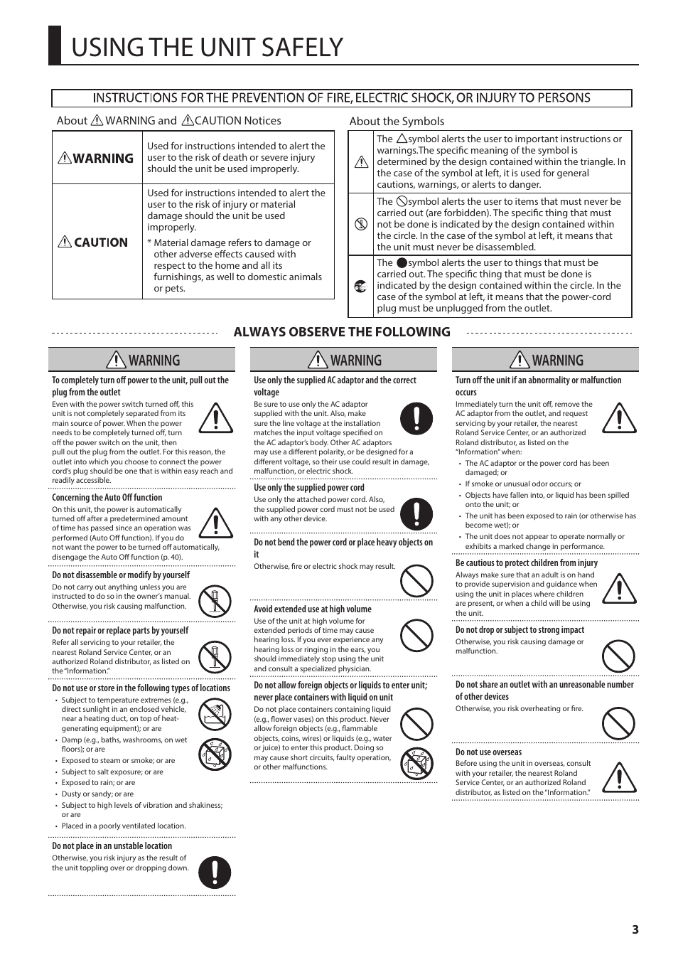 Using the unit safely, Ead “using the unit safely” (p. 3), Warning | Always observe the following | Roland VR-4HD HD AV Mixer User Manual | Page 3 / 52