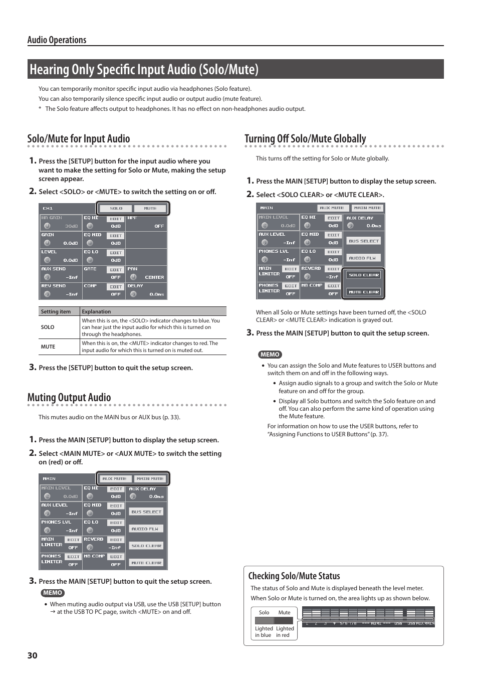 Hearing only specific input audio (solo/mute), Solo/mute for input audio, Muting output audio | Turning off solo/mute globally, Audio operations, Checking solo/mute status | Roland VR-4HD HD AV Mixer User Manual | Page 30 / 52