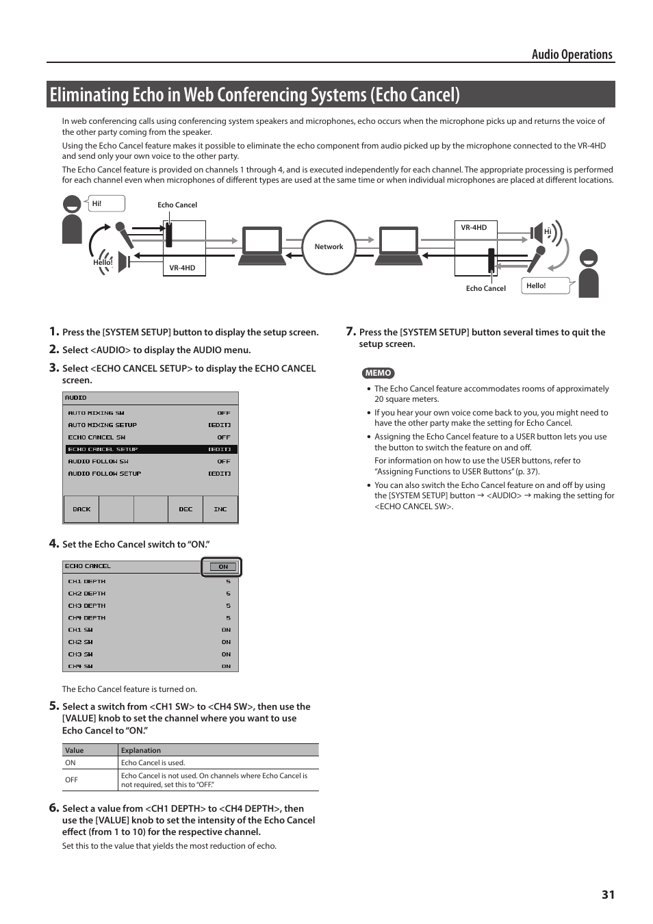 Audio operations | Roland VR-4HD HD AV Mixer User Manual | Page 31 / 52